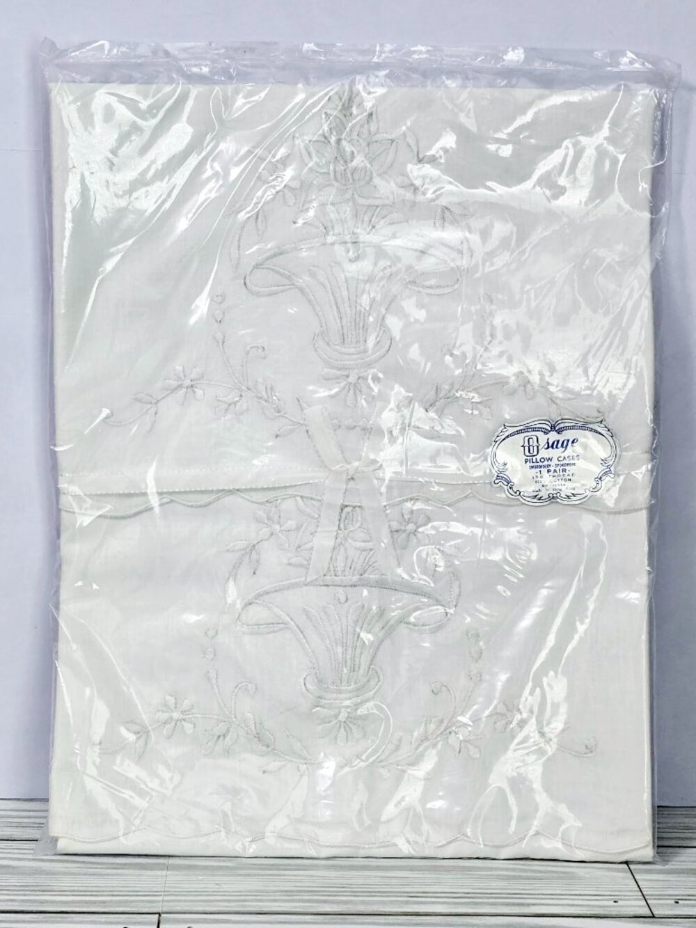 VTG 1970's O Sage Embroidered Pillowcases NOS Sealed 100% Cotton Hong Kong